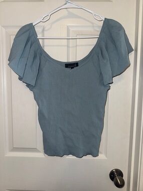 Flutter Sleeve Ribbed Top in Dusty Blue